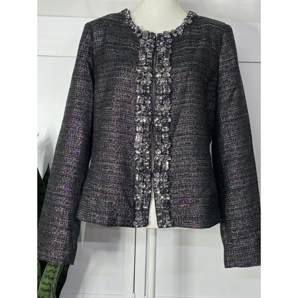 Boston Proper Womens Black Metallic Thread Crystal Trim Blazer Jacket Size 12 - Picture 1 of 6